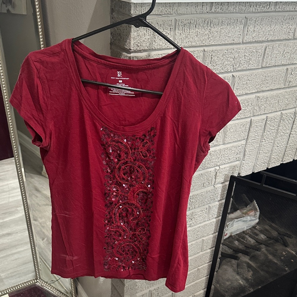 New York & Company Burgundy Embellished Tee